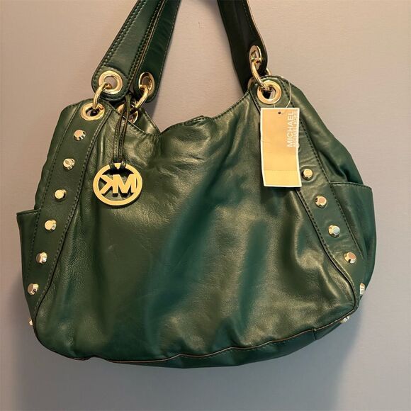 Michael Kors Handbags - Michael Kors Ludlow Stud Shoulder Bag Hunter Green Gold Accents NWT